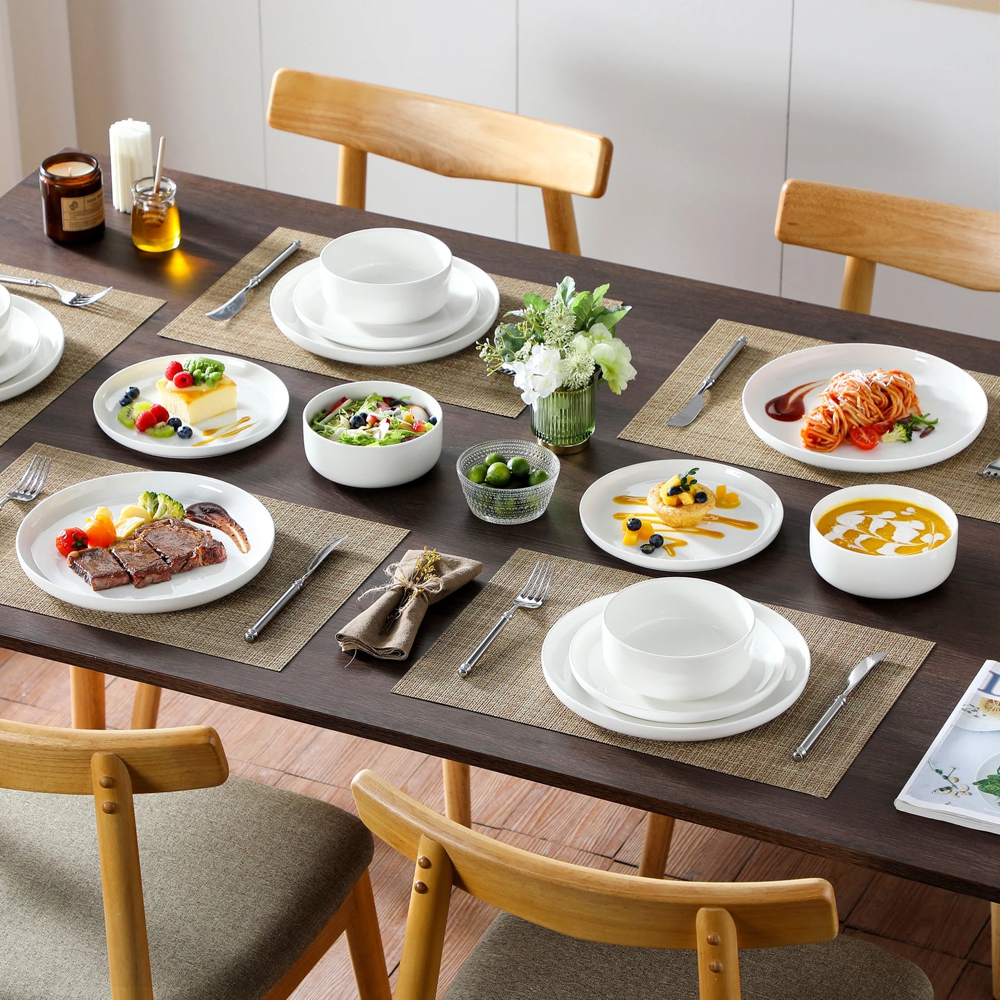 MALACASA Luna series 18-Piece Ceramic Porcelain Dinnerware Set with 6 Pcs Dinner/Dessert Plates,Bowl Tableware Set Service for 6