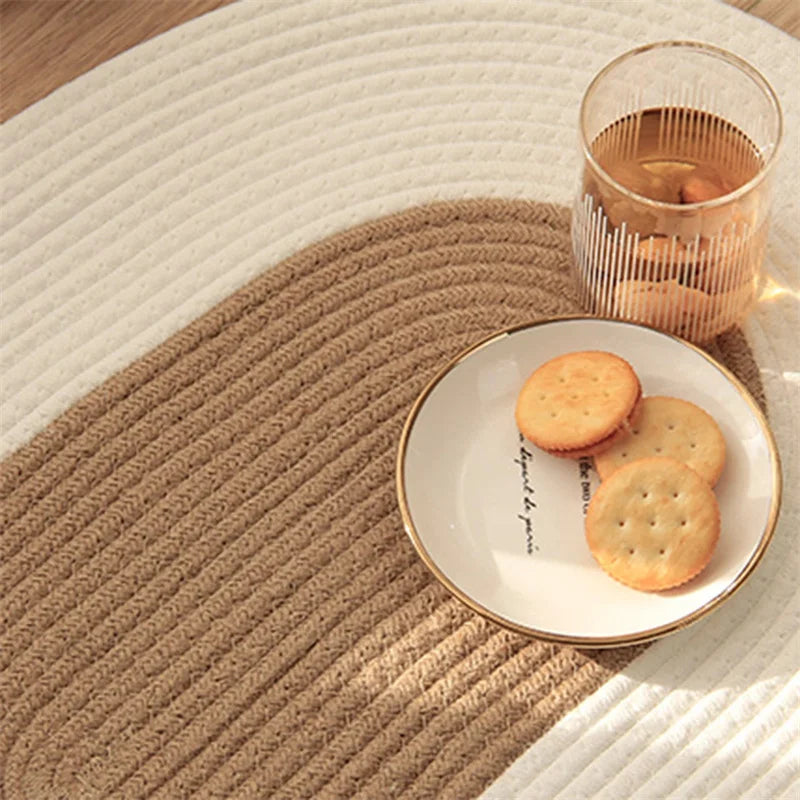 Japan Style Hand-Woven Jute Floor Door Mat Cotton And Linen Color Block Non-Slip Oval Home Bathroom Carpet Dust Removal Carpets