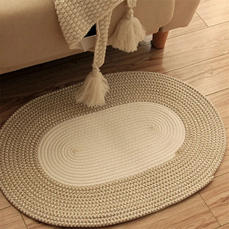 Japan Style Hand-Woven Jute Floor Door Mat Cotton And Linen Color Block Non-Slip Oval Home Bathroom Carpet Dust Removal Carpets