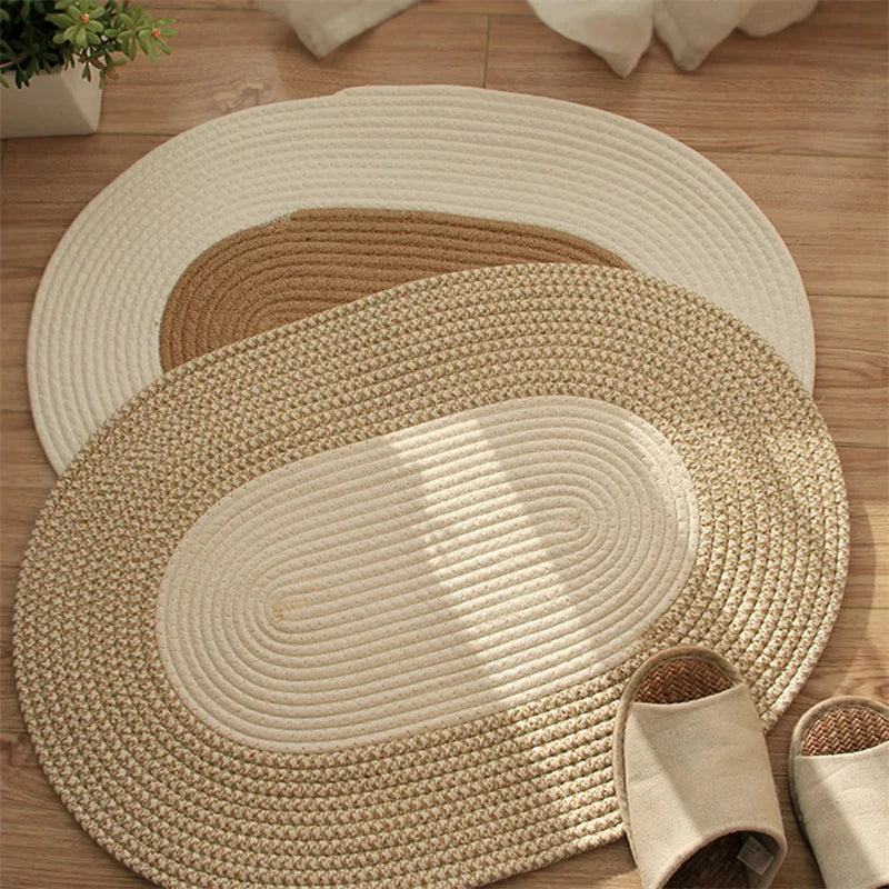 Japan Style Hand-Woven Jute Floor Door Mat Cotton And Linen Color Block Non-Slip Oval Home Bathroom Carpet Dust Removal Carpets