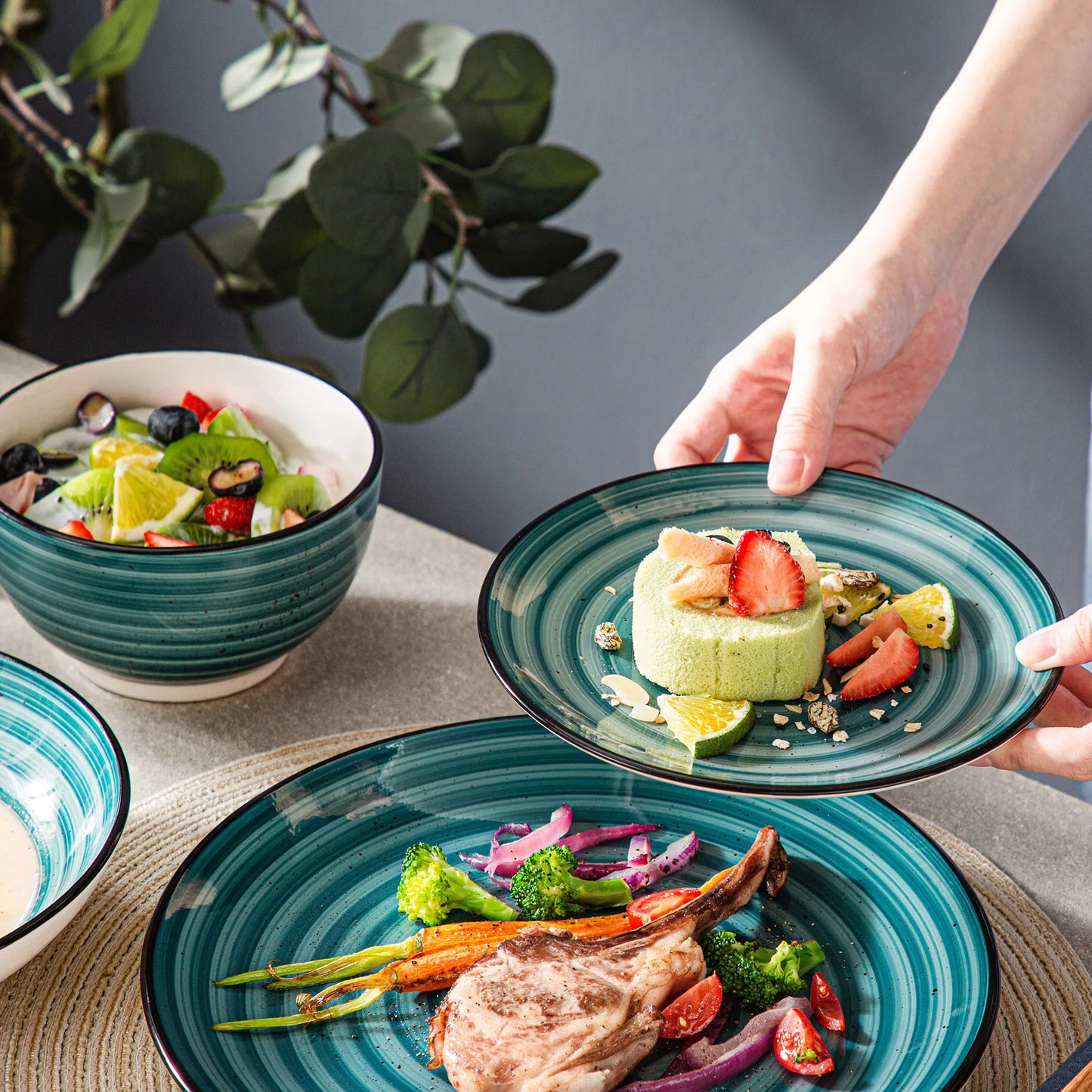 VANCASSO BONBON Green 24/48-Piece Handpainted Spirals Stoneware Dinner Combi-Set with Bowl,Dessert Plate,Soup Plate,Dinner Plate