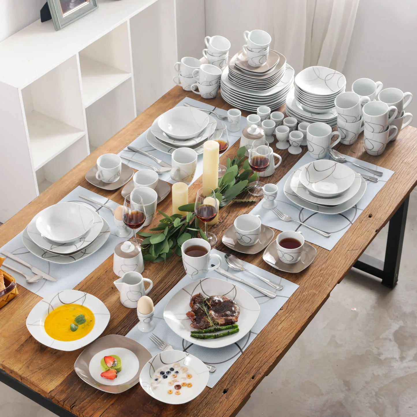 VEWEET 50/100-Piece Brown Porcelain Dinner Set with Egg Cup,Cup&Saucer,Mug,Dessert&Soup&Dinner Plate,Bowl,Milk Jug&Sugar Pot