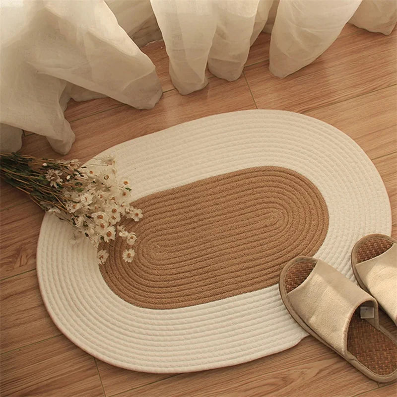 Japan Style Hand-Woven Jute Floor Door Mat Cotton And Linen Color Block Non-Slip Oval Home Bathroom Carpet Dust Removal Carpets