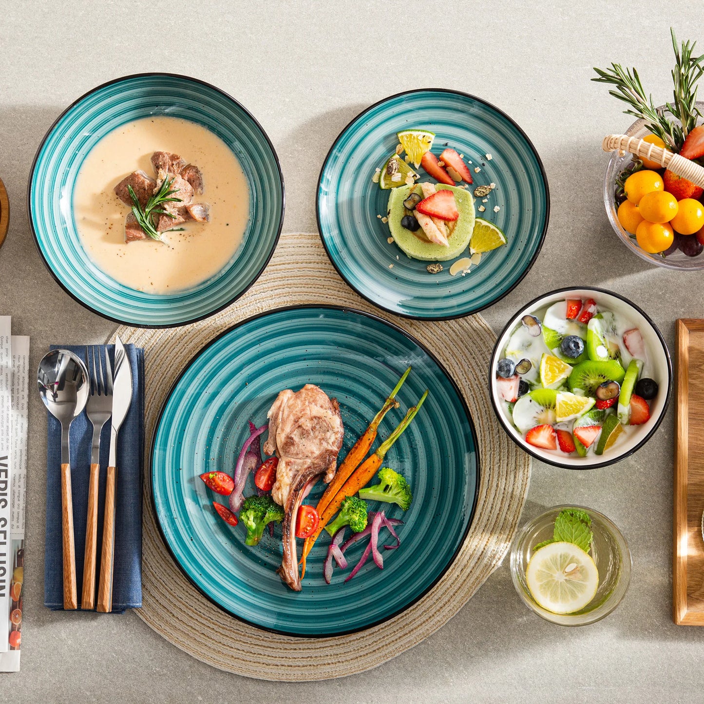 VANCASSO BONBON Green 24/48-Piece Handpainted Spirals Stoneware Dinner Combi-Set with Bowl,Dessert Plate,Soup Plate,Dinner Plate