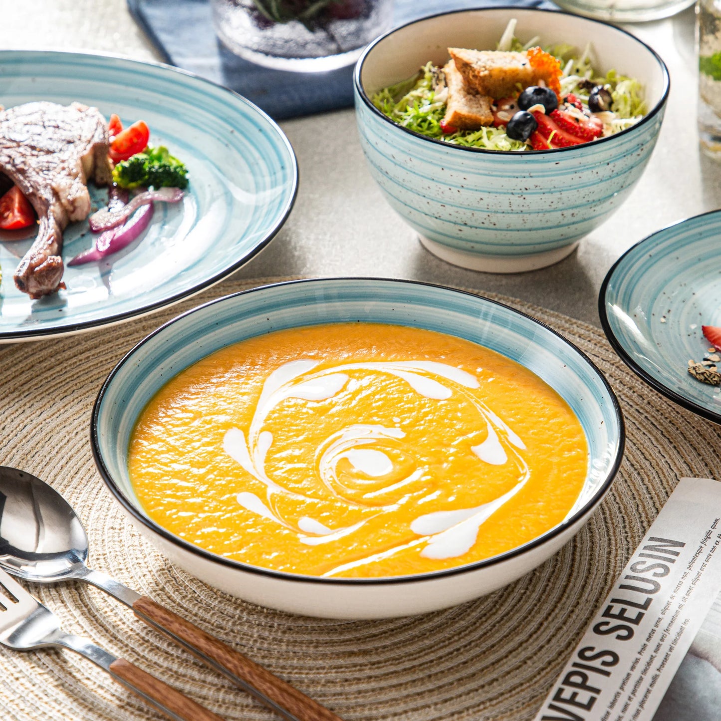 vancasso Blue 24/48-Piece Handpainted Spirals Stoneware Dinner Combi-Set with Bowl,Dessert Plate,Soup Plate,Dinner Plate