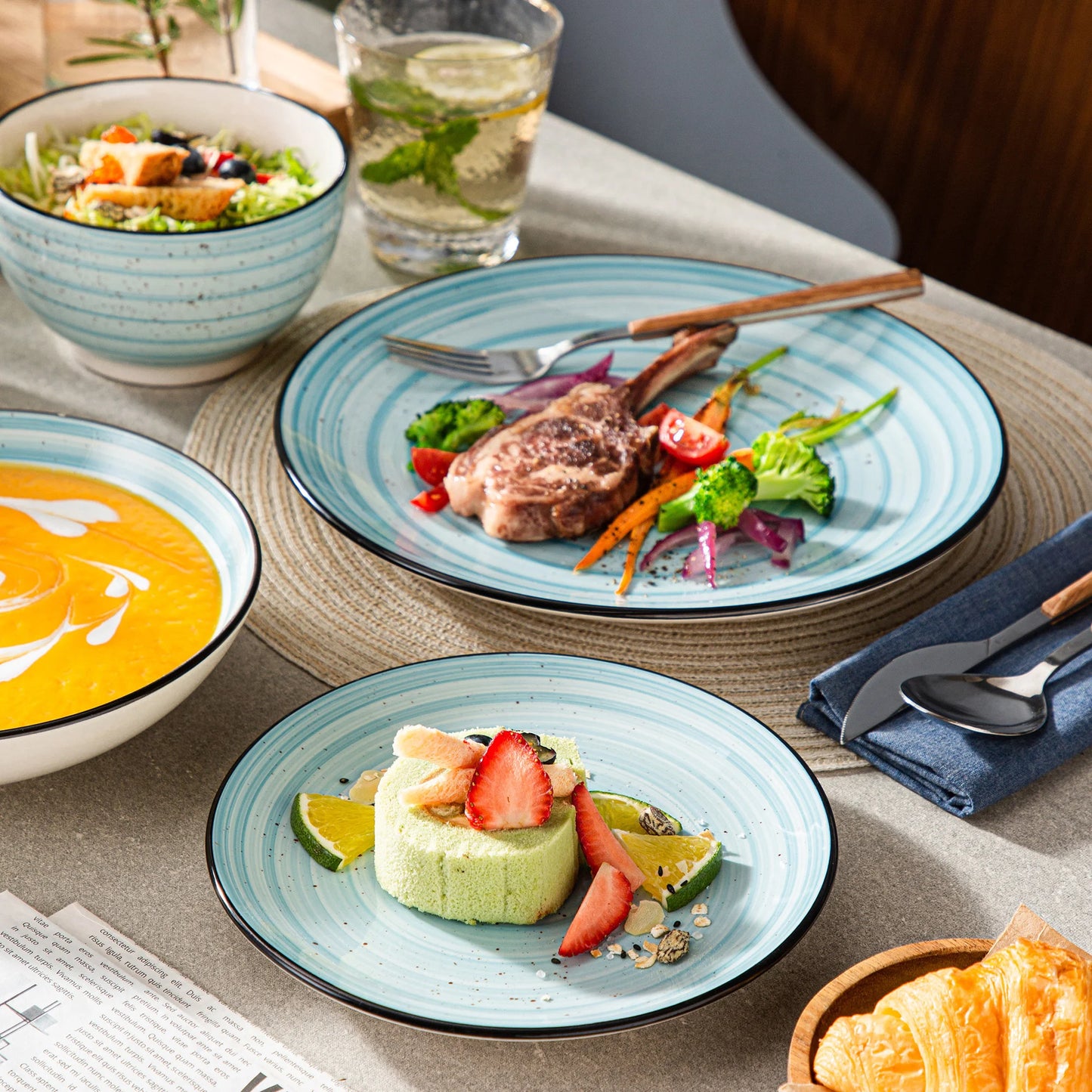 vancasso Blue 24/48-Piece Handpainted Spirals Stoneware Dinner Combi-Set with Bowl,Dessert Plate,Soup Plate,Dinner Plate