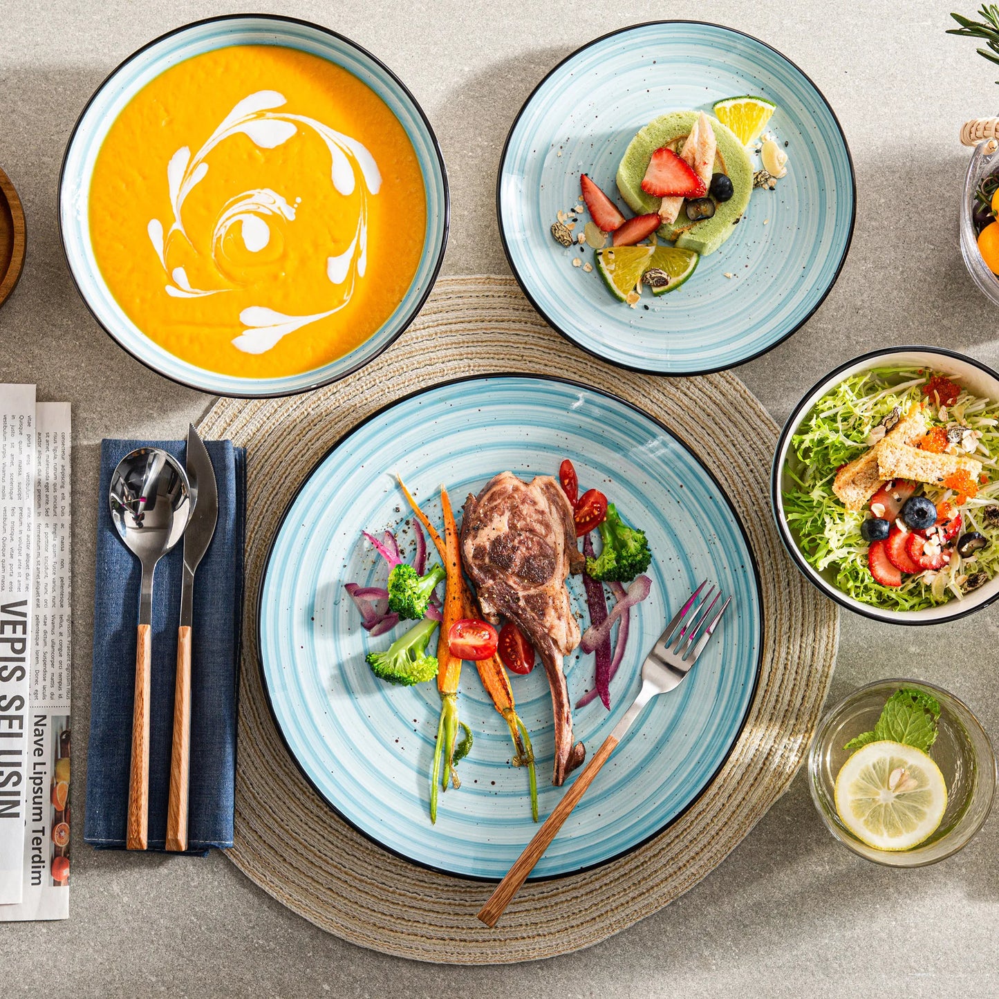 vancasso Blue 24/48-Piece Handpainted Spirals Stoneware Dinner Combi-Set with Bowl,Dessert Plate,Soup Plate,Dinner Plate