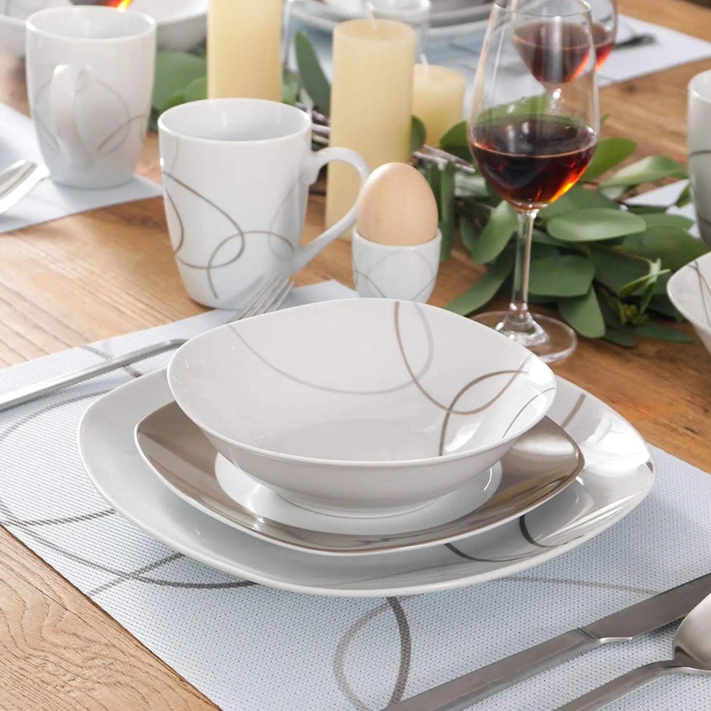 VEWEET 50/100-Piece Brown Porcelain Dinner Set with Egg Cup,Cup&Saucer,Mug,Dessert&Soup&Dinner Plate,Bowl,Milk Jug&Sugar Pot
