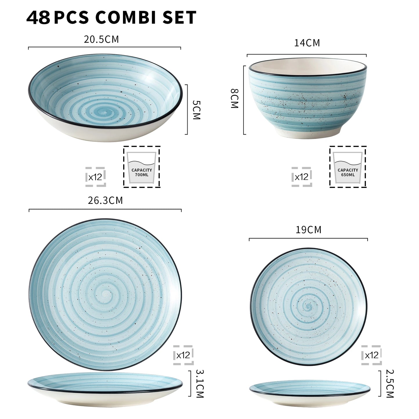 vancasso Blue 24/48-Piece Handpainted Spirals Stoneware Dinner Combi-Set with Bowl,Dessert Plate,Soup Plate,Dinner Plate