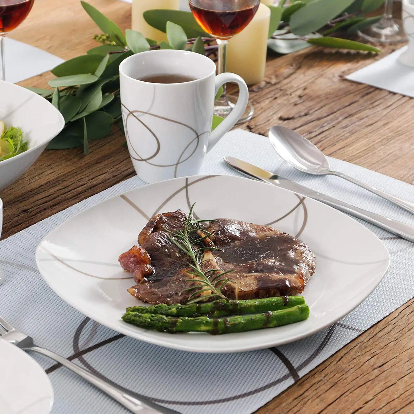 VEWEET 50/100-Piece Brown Porcelain Dinner Set with Egg Cup,Cup&Saucer,Mug,Dessert&Soup&Dinner Plate,Bowl,Milk Jug&Sugar Pot