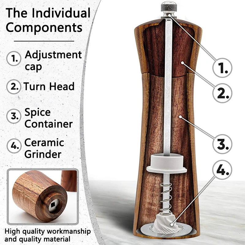 FLYMUYU Salt and Pepper Grinder Acacia Wooden Spice Pepper Mill with Strong Adjustable Ceramic Grinder Kitchen Cooking Tools