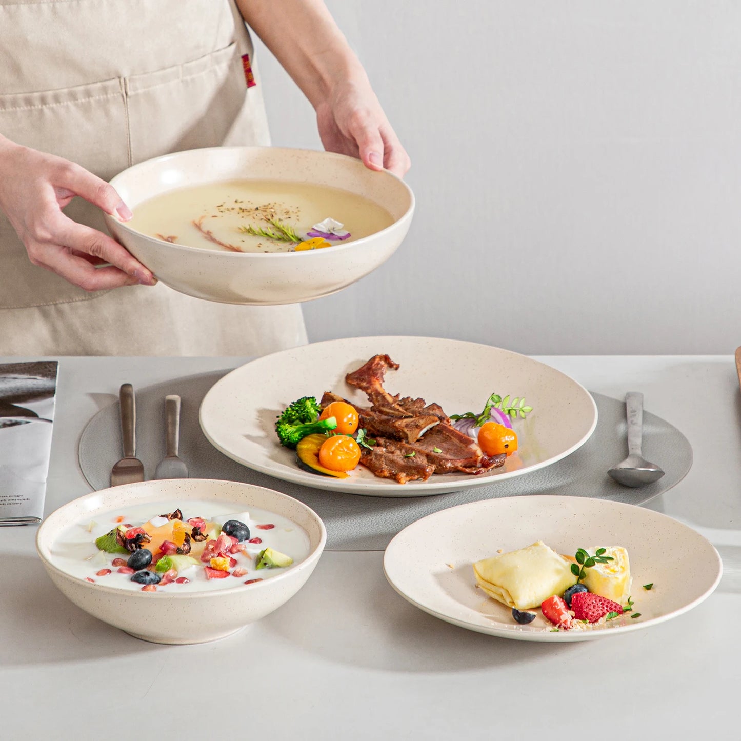 VANCASSO SABINE 16/32/48 Piece Embossed Stoneware Tableware Set with Dinner/Dessert/Soup Plate Bowl Service for 4/8/12 person