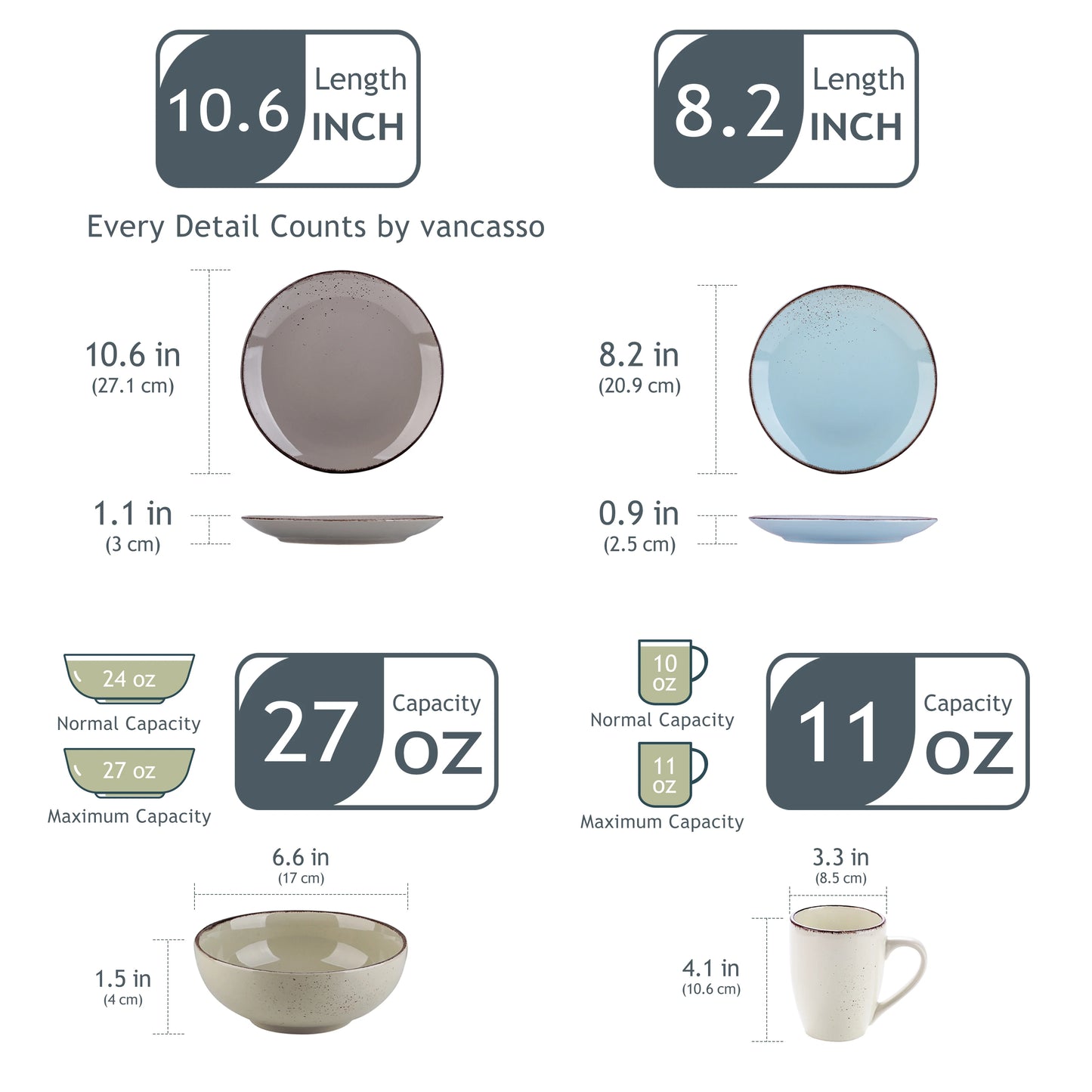 Vancasso Navia-LH 16/32/48-Piece Stoneware Ceramic Dinnerware Set with Dinner Plate,Dessert Plate,800ml Bowl, Mug Tableware Set