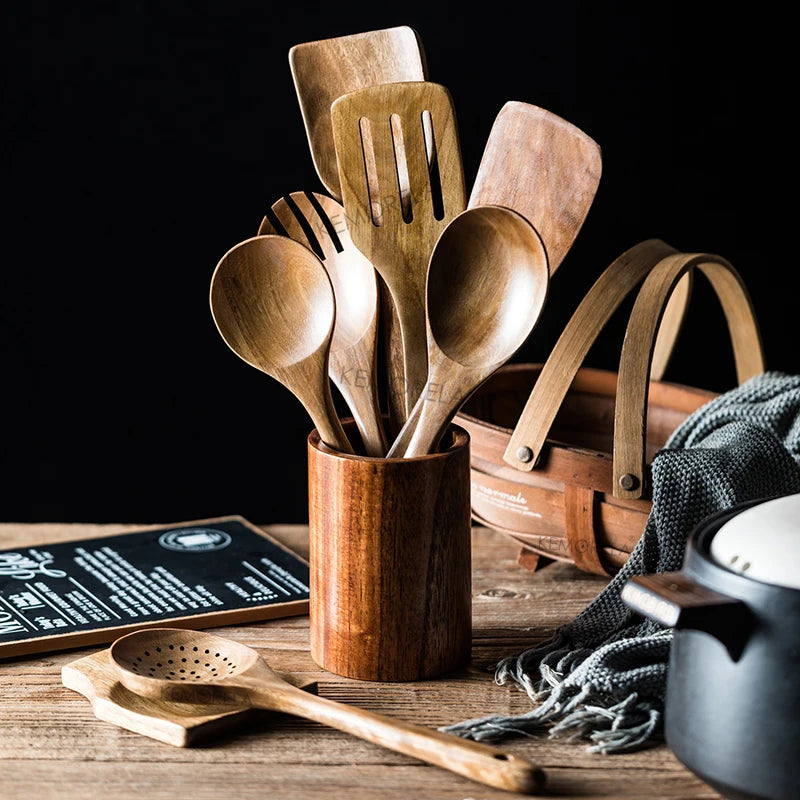 Wooden Cooking Utensils Set with Holder