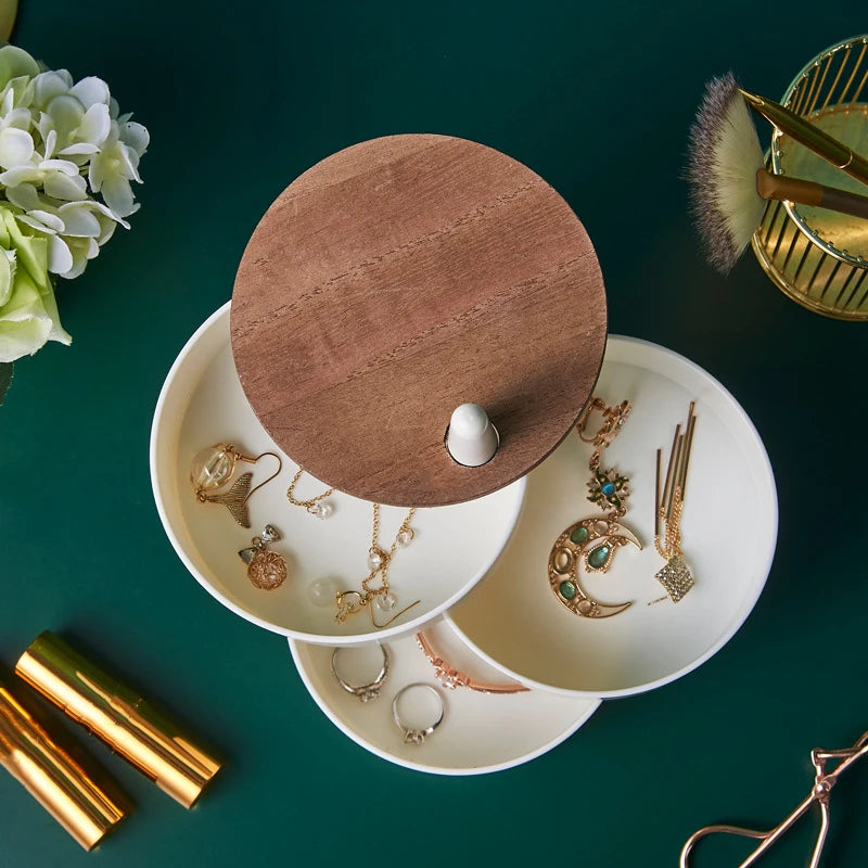 New Jewelry Organizer Wooden Cover Storage Box Exquisite Portable Rotating Jewelry Box Earrings Necklace Display Holder Gifts