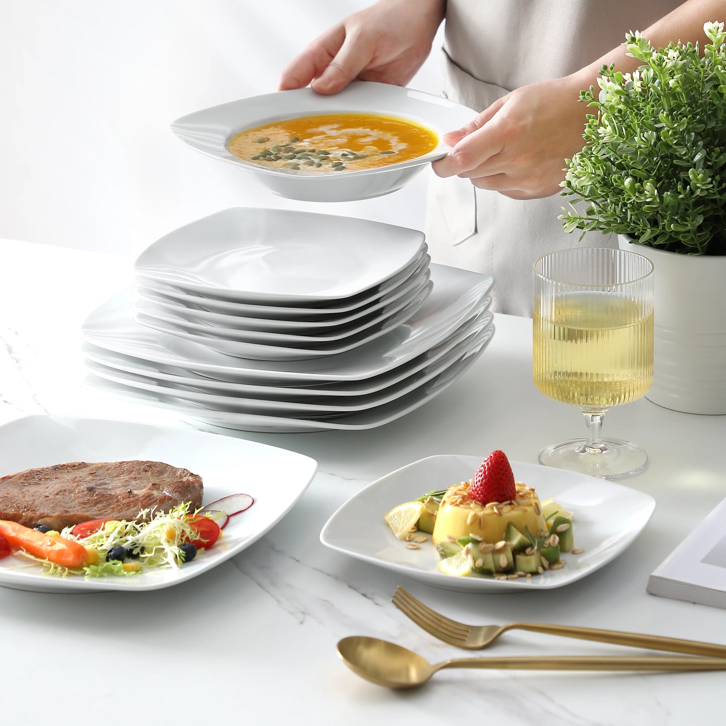 MALACASA JULIA Classic 18-Piece Ceramic Porcelain Dinnerware Set with 6*Dinner Soup Dessert Plates Tableware Set Service for 6