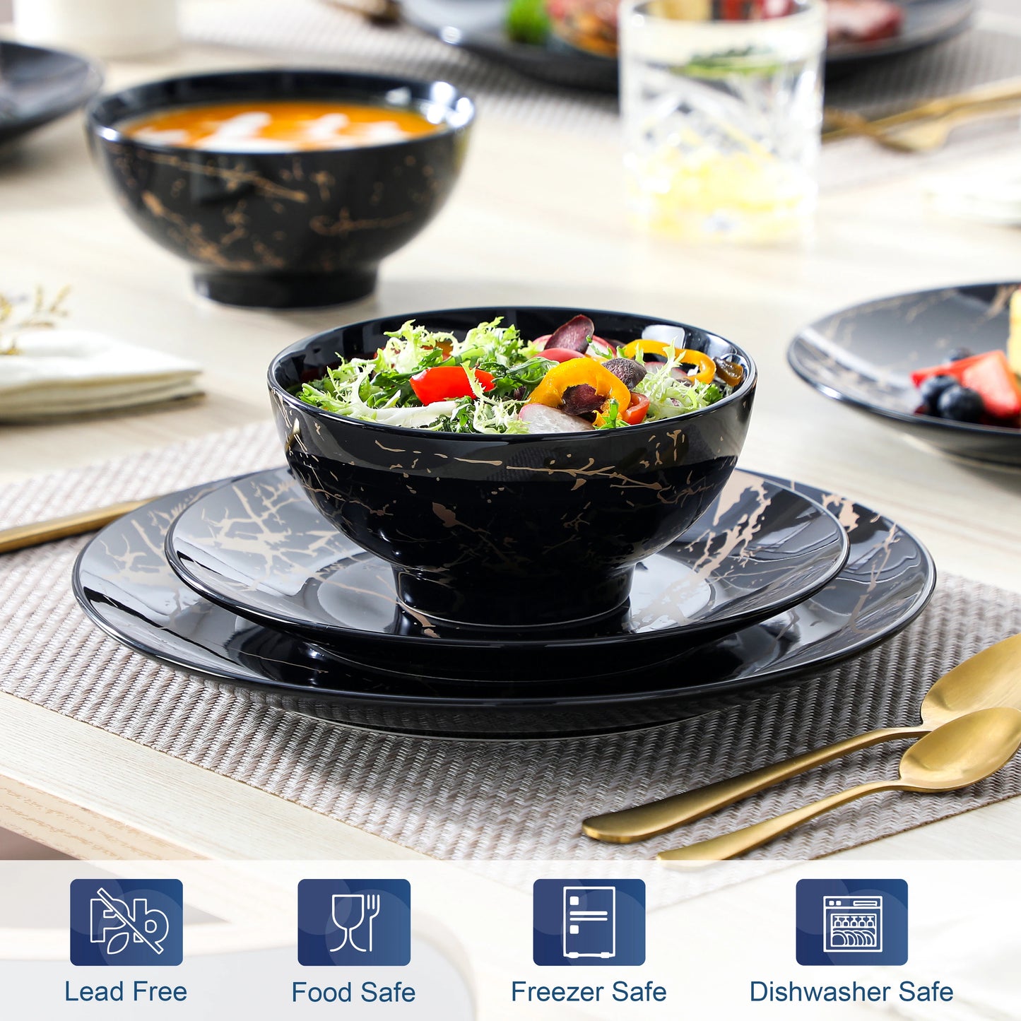 LOVECASA 12/24 Piece Ceremic Plate Sets Color Blue Glaze with Gold Porcelain Dinnerware Set with 4/8PCS Dinner/Dessert/Bowl