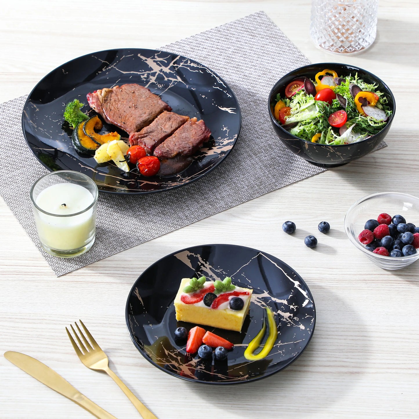 LOVECASA 12/24 Piece Ceremic Plate Sets Color Blue Glaze with Gold Porcelain Dinnerware Set with 4/8PCS Dinner/Dessert/Bowl