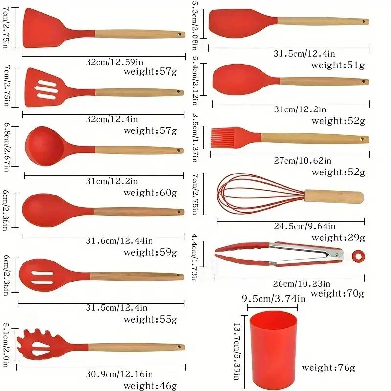 Silicone Cooking Utensil Set with Wooden Handles