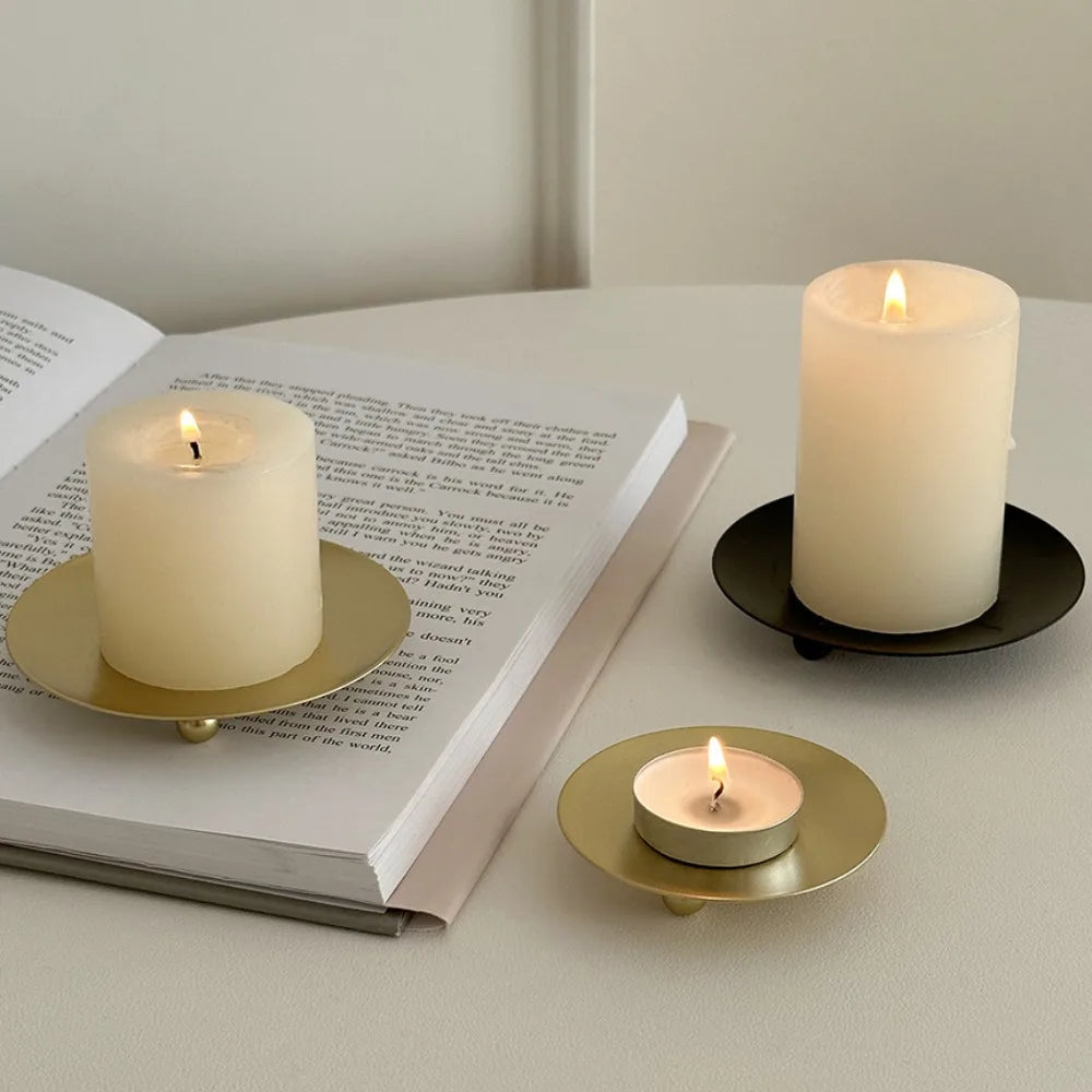 Multi Size Black Round Plate Candle Holder Artware Golden Iron Candlestick Wedding Birthday Christmas Party Aromatherapy Decor