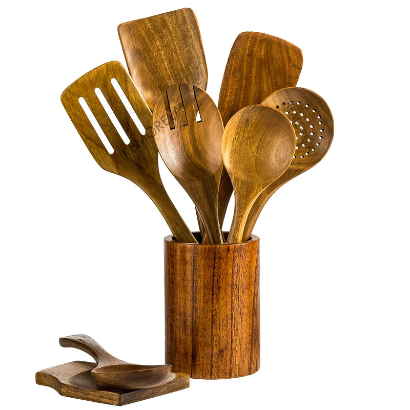 Wooden Cooking Utensils Set with Holder