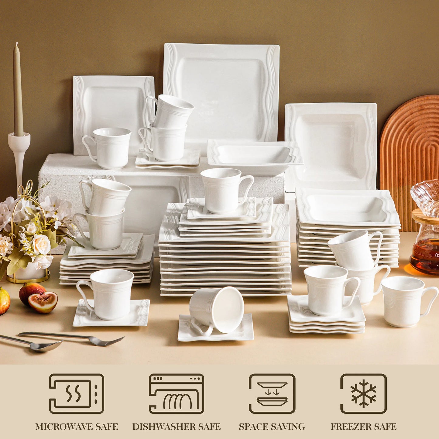 MALACASA 30/60 Piece White Porcelain Tableware Set with 12*Cups,Saucers,Dinner Soup Dessert Plates Dinnerware Set for 6/12