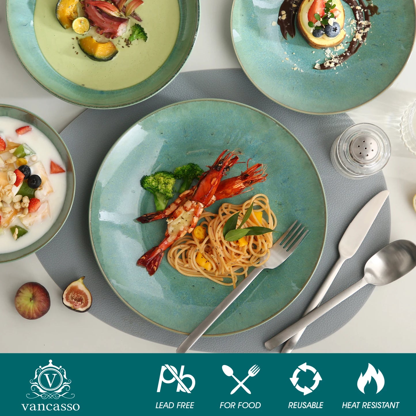 Vancasso KARST 16/32/48 Piece Green Embossed Stoneware Tableware Set with Dinner/Dessert Plate/Soup Bowl/Mug Service for 4/8/12