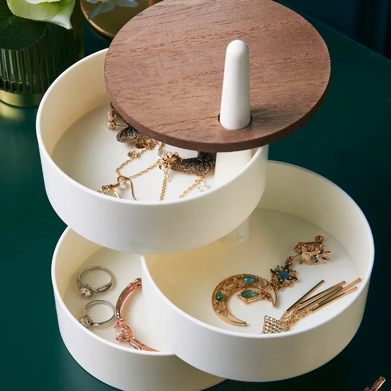New Jewelry Organizer Wooden Cover Storage Box Exquisite Portable Rotating Jewelry Box Earrings Necklace Display Holder Gifts