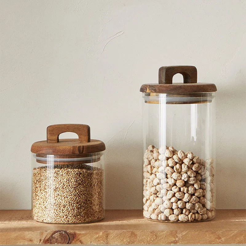Modern Glass Food Storage Jar with Wooden Lid