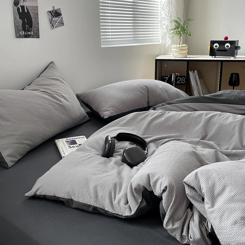 Solid Dual-Tone Ultra-Soft Bubble Cotton Bedding Set - 3-Piece With Duvet & Pillowcases, Simple Style, Washable, Non-Fading
