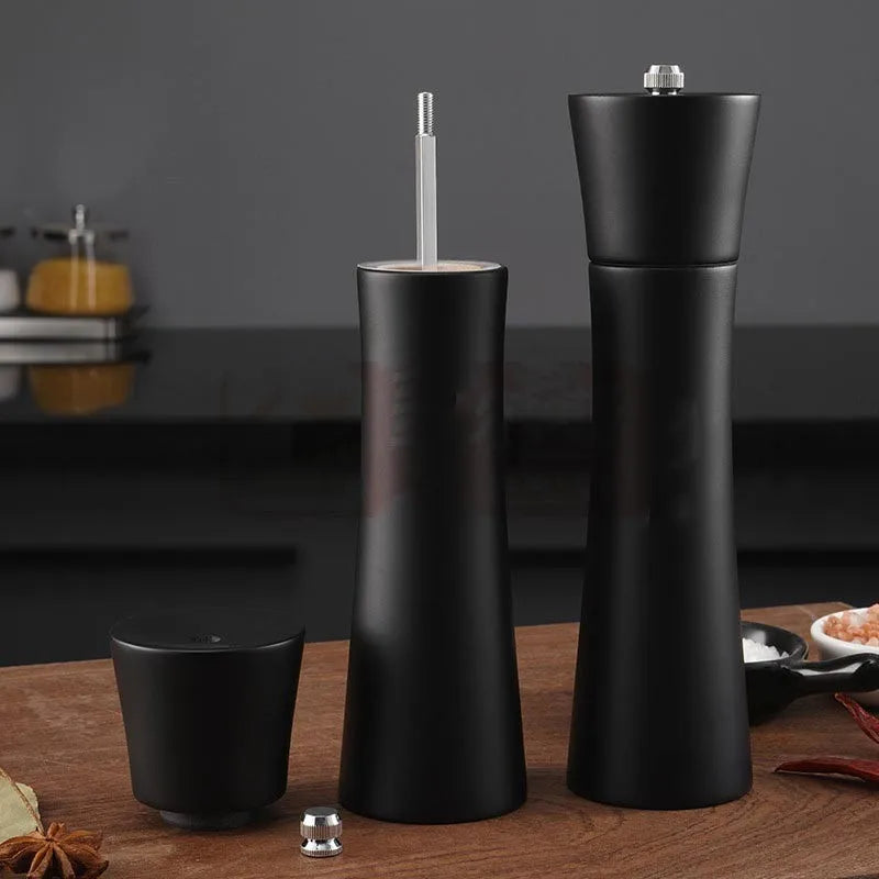 Wooden Salt Pepper Mill with Base Set,Small Waist,Cylindrical,Ceramic Core,Salt Shaker,Spice Grinder,8Inch Manual Mill Set Tool