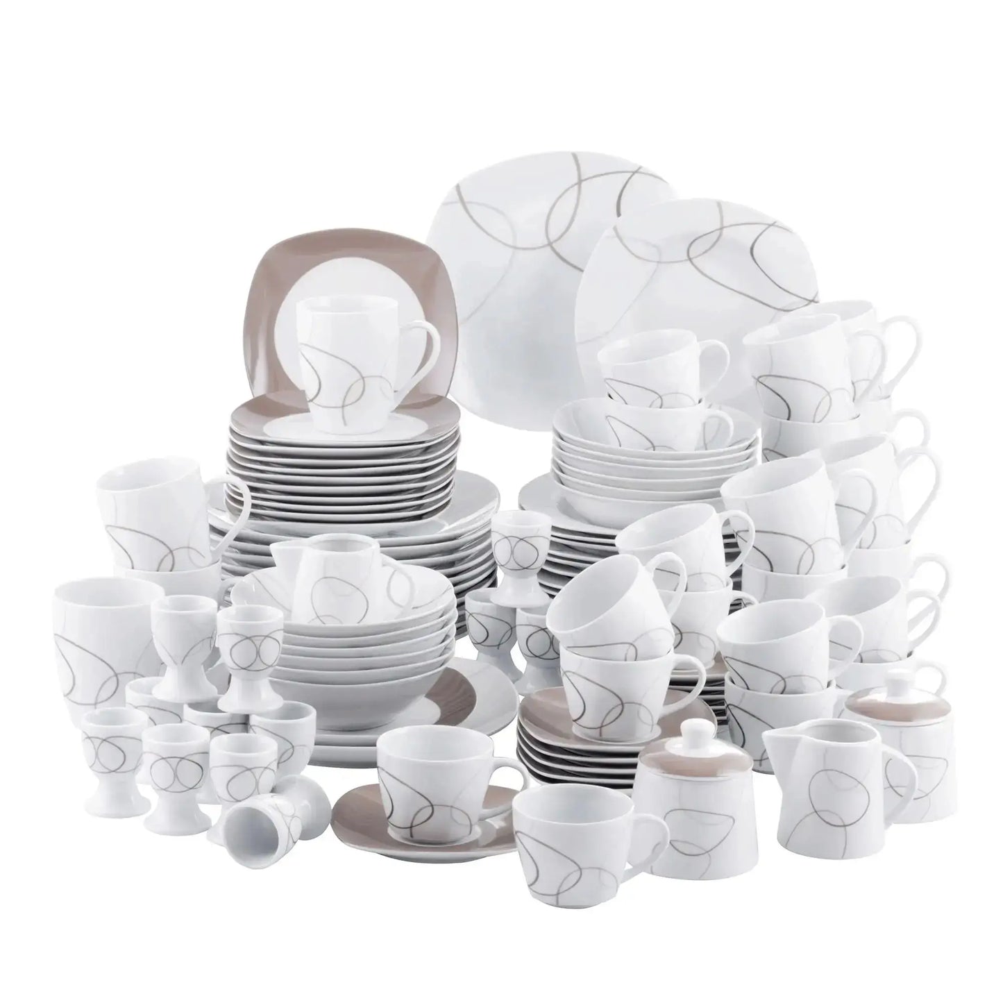 VEWEET 50/100-Piece Brown Porcelain Dinner Set with Egg Cup,Cup&Saucer,Mug,Dessert&Soup&Dinner Plate,Bowl,Milk Jug&Sugar Pot