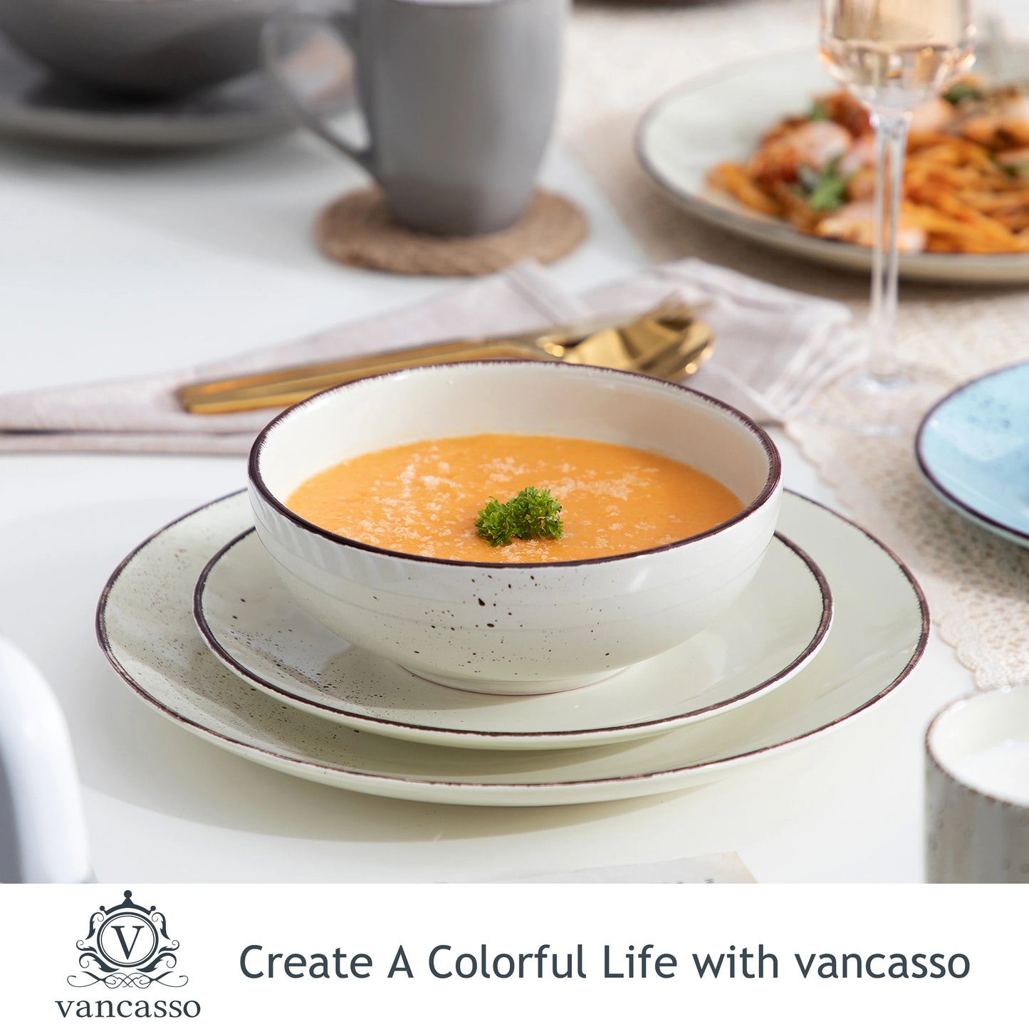 Vancasso Navia-LH 16/32/48-Piece Stoneware Ceramic Dinnerware Set with Dinner Plate,Dessert Plate,800ml Bowl, Mug Tableware Set