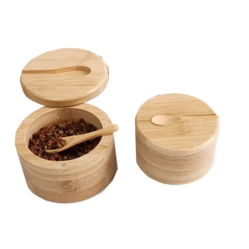 Salt Seasoning Jars Pepper Jar Bamboo Condiment Box Bowl Storage Pot Set Wood Sugar Container Holder Lid Function Multi Bowls