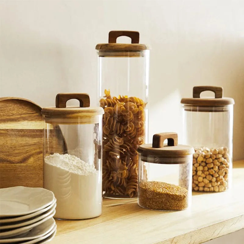 Modern Glass Food Storage Jar with Wooden Lid