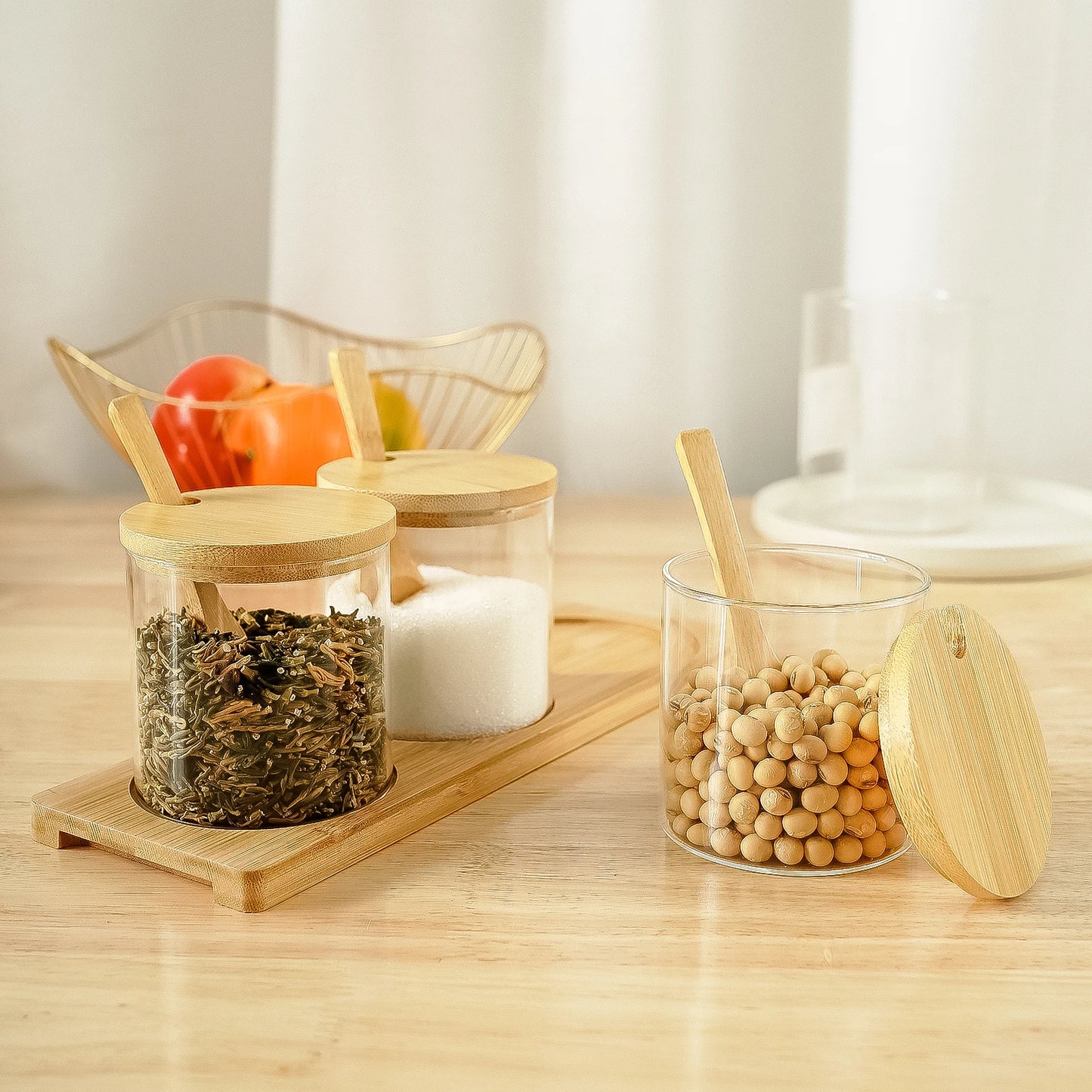 Glass Jar Set with Bamboo Lids, Spoons, and Tray