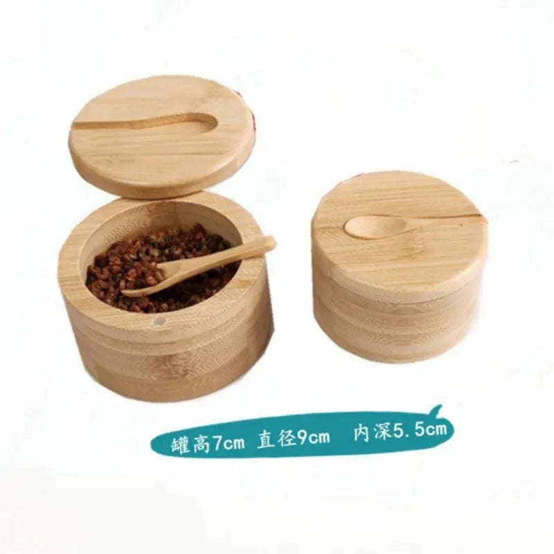 Salt Seasoning Jars Pepper Jar Bamboo Condiment Box Bowl Storage Pot Set Wood Sugar Container Holder Lid Function Multi Bowls