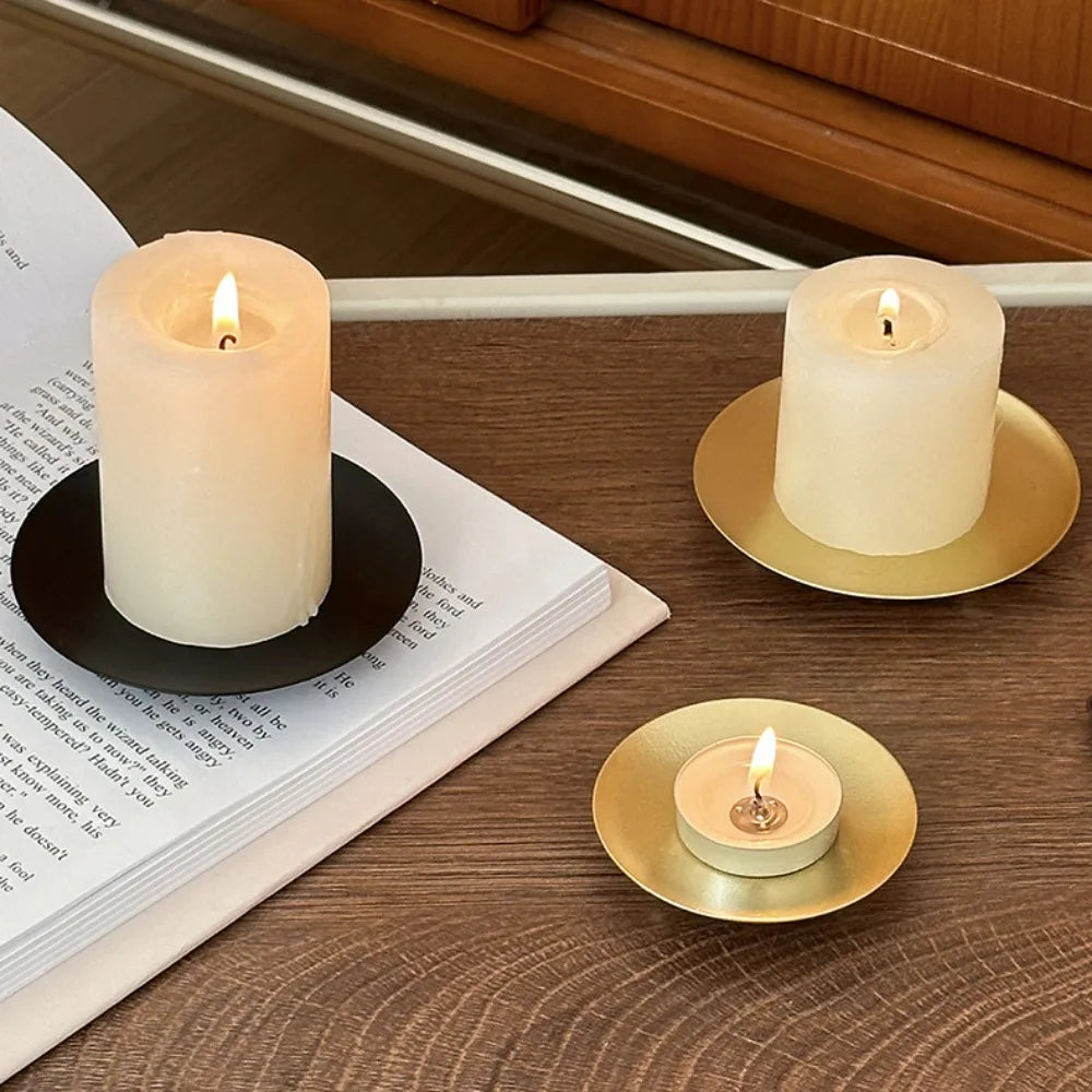 Multi Size Black Round Plate Candle Holder Artware Golden Iron Candlestick Wedding Birthday Christmas Party Aromatherapy Decor