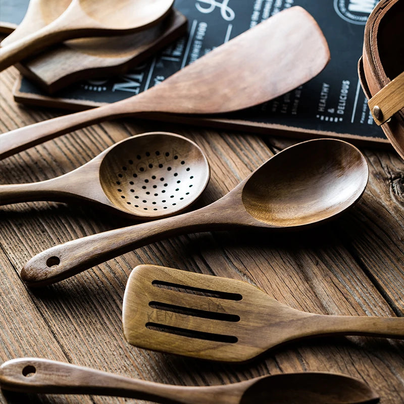 Wooden Cooking Utensils Set with Holder