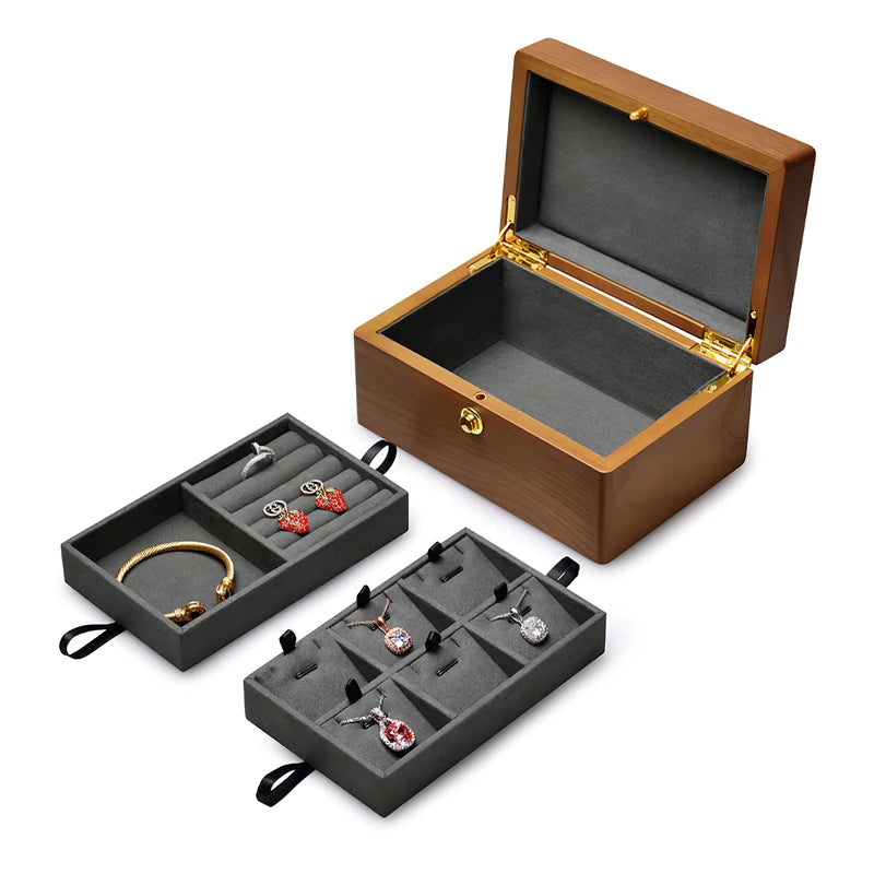 Oirlv Wooden Jewelry Organizer Solid Wood Storage Box With Upper Lower Layers Wooden Ring Earrings Jewelry Storage Box Organizer