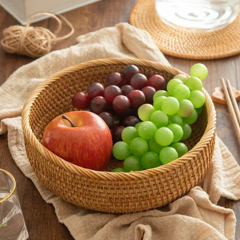 New Handwoven Storage Basket Rattan Storage Tray Wicker BasketBread Fruit Breakfast Tea Picnic basket Kitchen StorageBasket