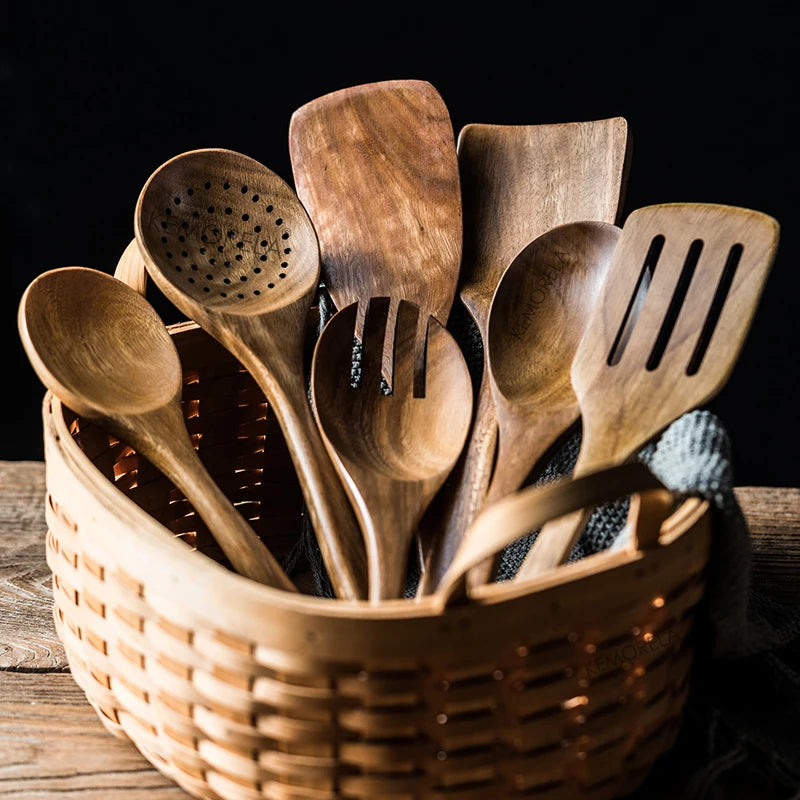 Wooden Cooking Utensils Set with Holder