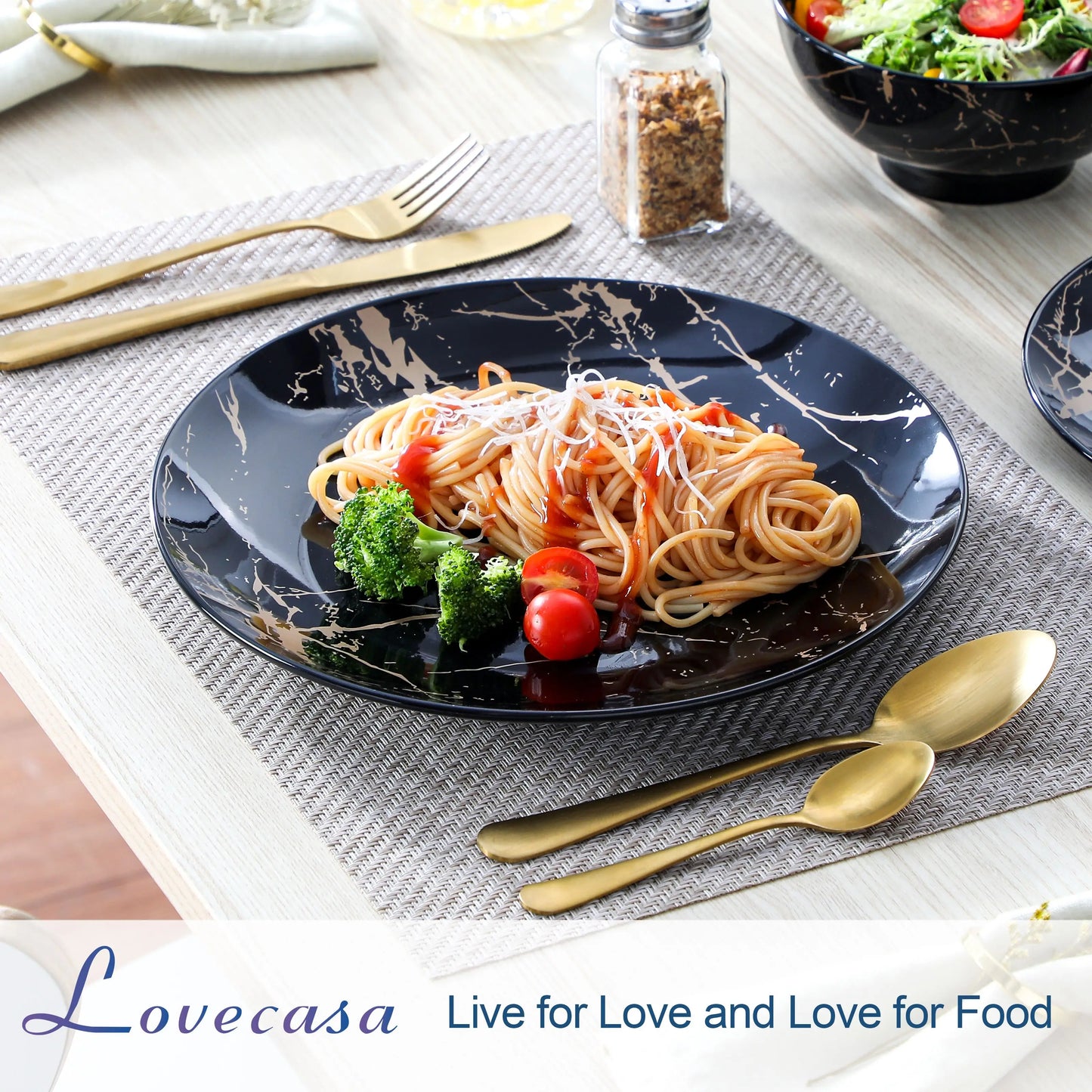 LOVECASA 12/24 Piece Ceremic Plate Sets Color Blue Glaze with Gold Porcelain Dinnerware Set with 4/8PCS Dinner/Dessert/Bowl