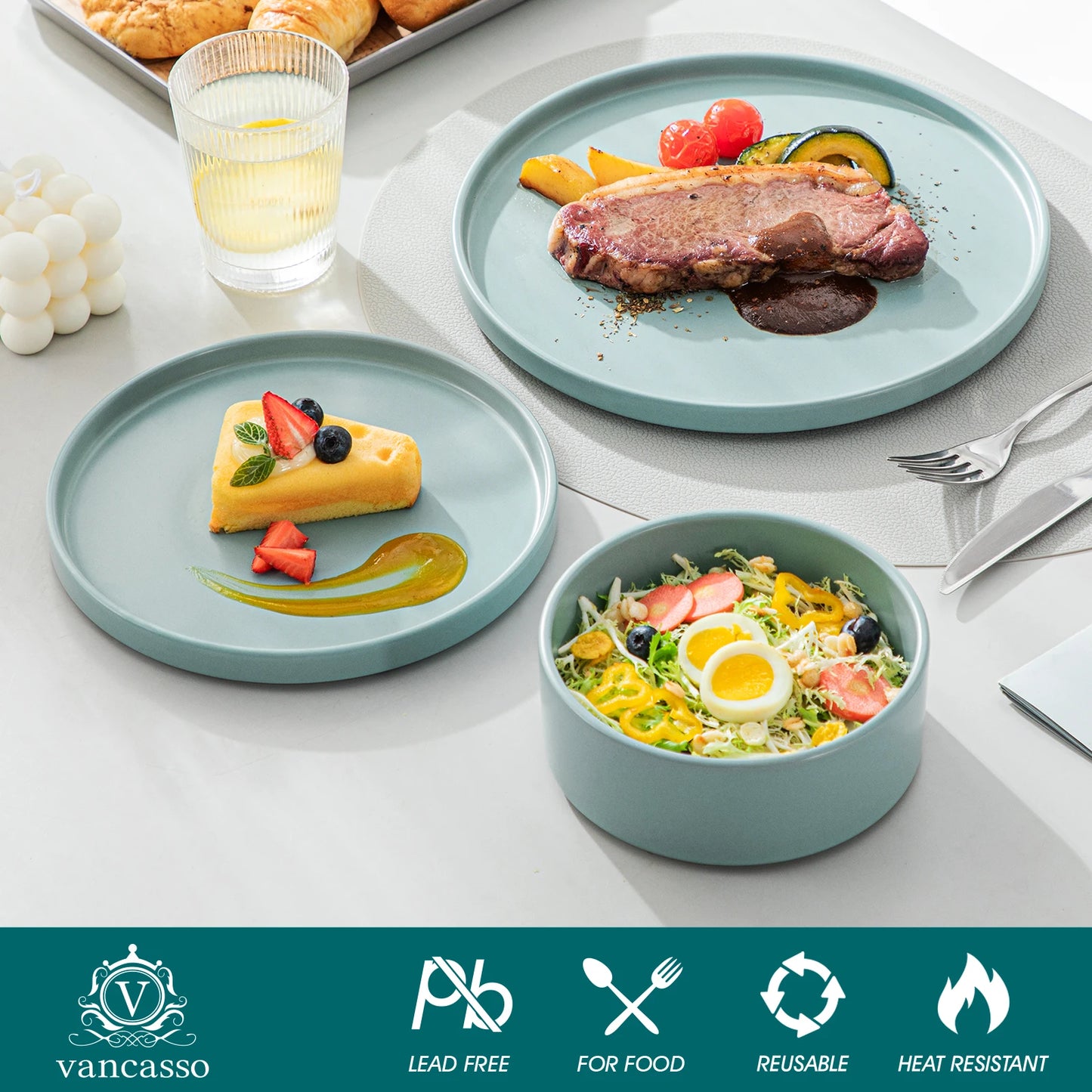 VANCASSO VENUS Serie 12/24/36 Piece BLUE Stoneware Tableware Set with Dinner/Dessert Plate/Bowl For 4/8/12 people
