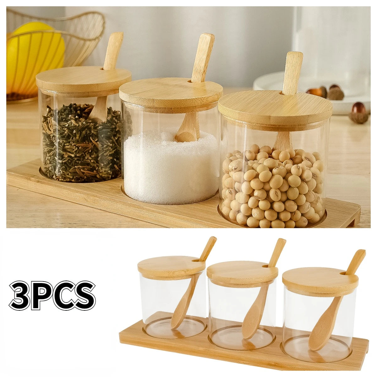 Glass Jar Set with Bamboo Lids, Spoons, and Tray