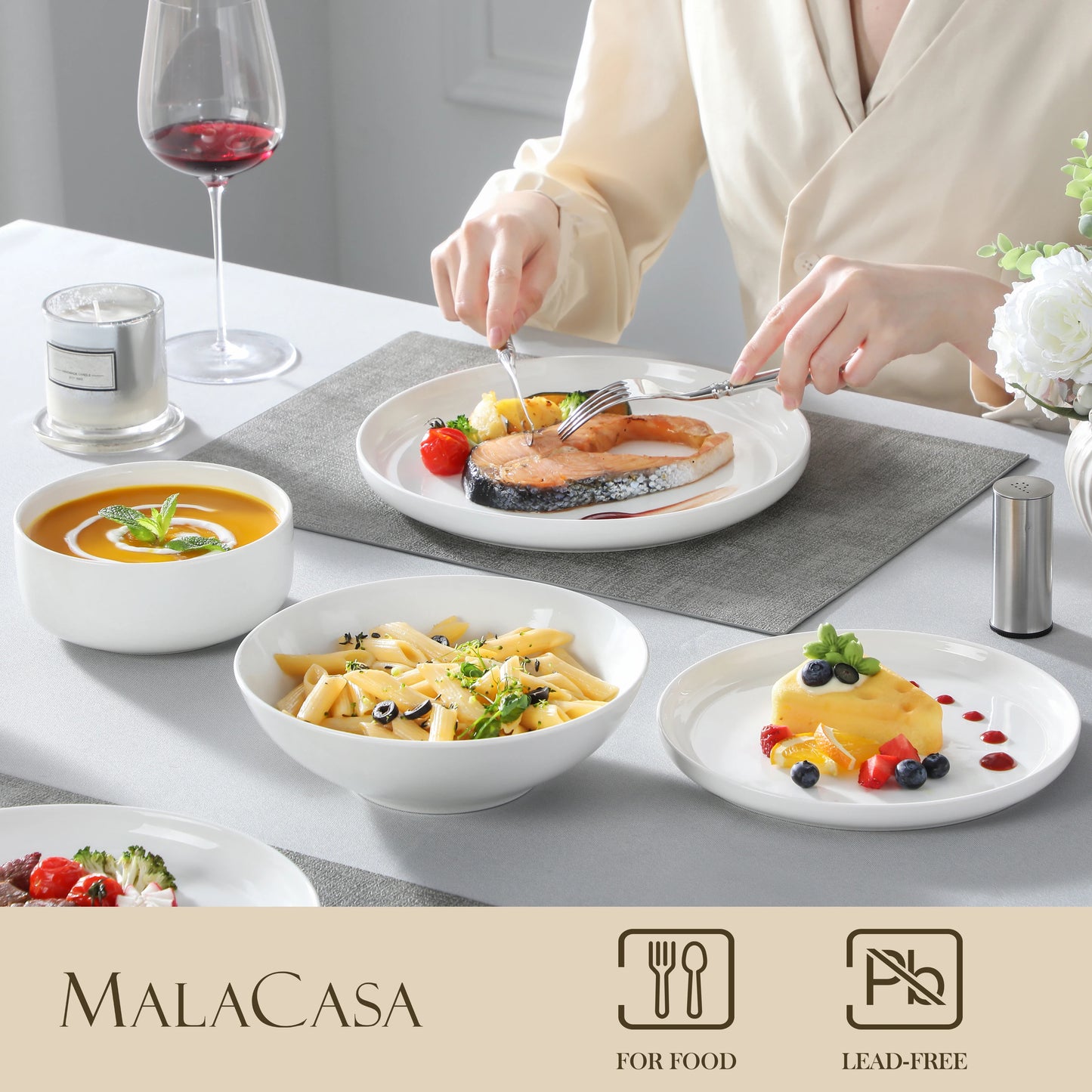 MALACASA 24 Piece Ceramic Plates Porcelain Dinnerware Set with 6 Pcs Dinner/Dessert Plates/Soup/Bowl Tableware Set Service for 6