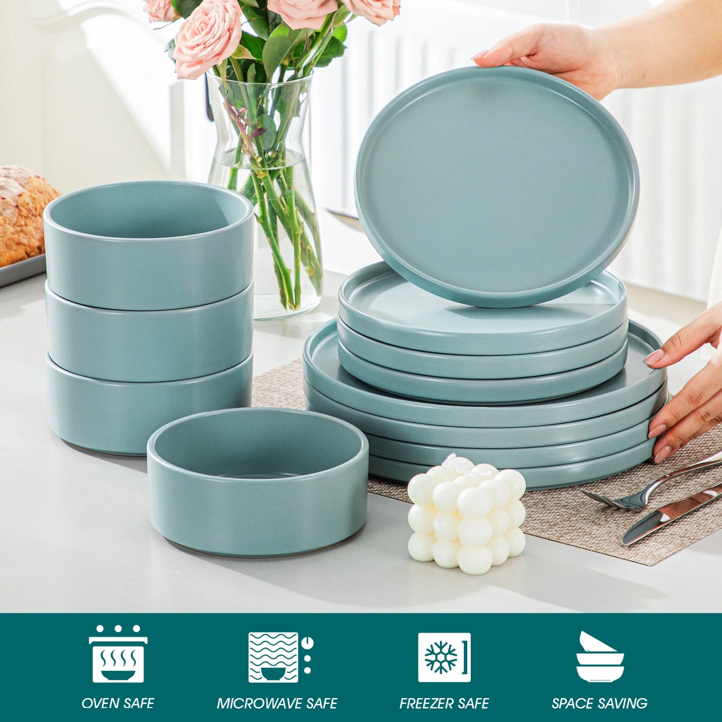 VANCASSO VENUS Serie 12/24/36 Piece BLUE Stoneware Tableware Set with Dinner/Dessert Plate/Bowl For 4/8/12 people