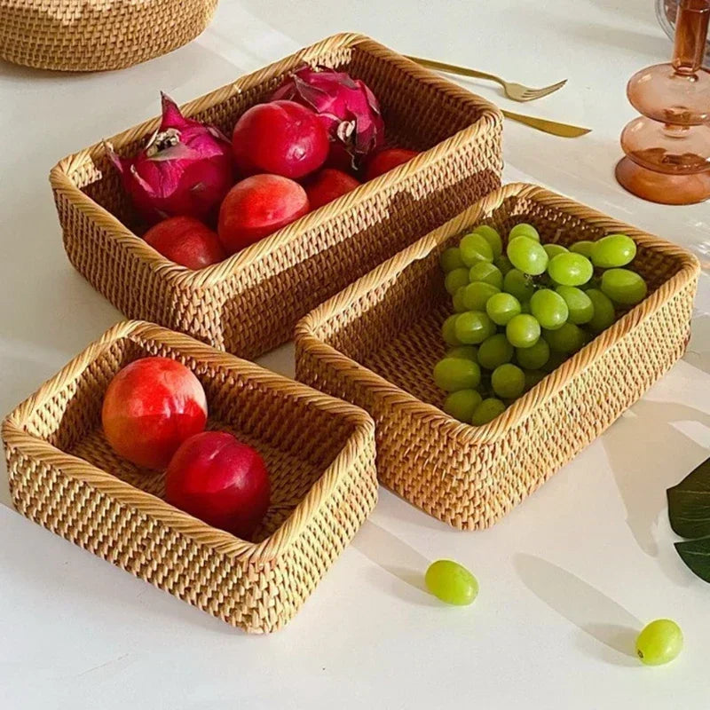 New Handwoven Storage Basket Rattan Storage Tray Wicker BasketBread Fruit Breakfast Tea Picnic basket Kitchen StorageBasket