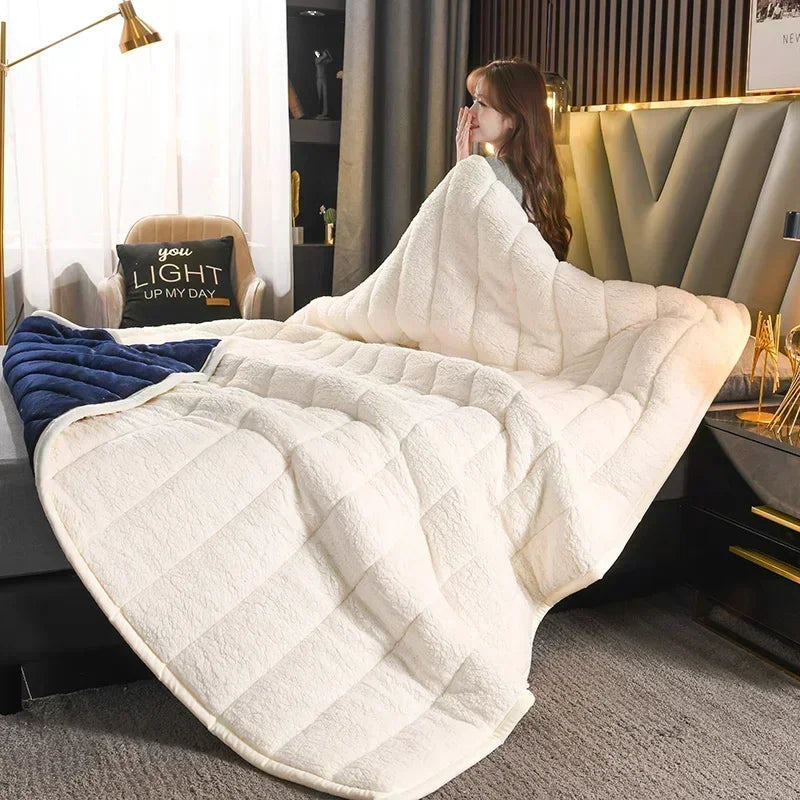 New Flannel Fleece Autumn Winter Warm Blanket 3 Layers Thicken Imitation Lambswool Blankets for Bed Quilt Soft Warmth Comforter