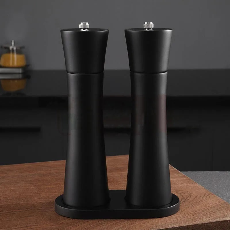 Wooden Salt Pepper Mill with Base Set,Small Waist,Cylindrical,Ceramic Core,Salt Shaker,Spice Grinder,8Inch Manual Mill Set Tool
